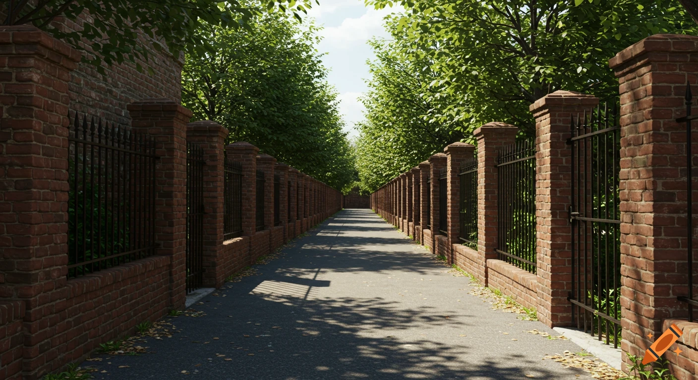 A long, narrow photorealistic pathway lined with brick walls, black fences, and green trees, with dappled sunlight on the asphalt.