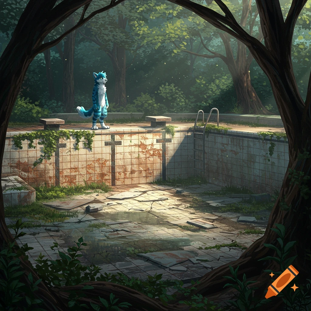 A blue furry cat-like character stands beside an abandoned, empty swimming pool in a green forest, digital art.
