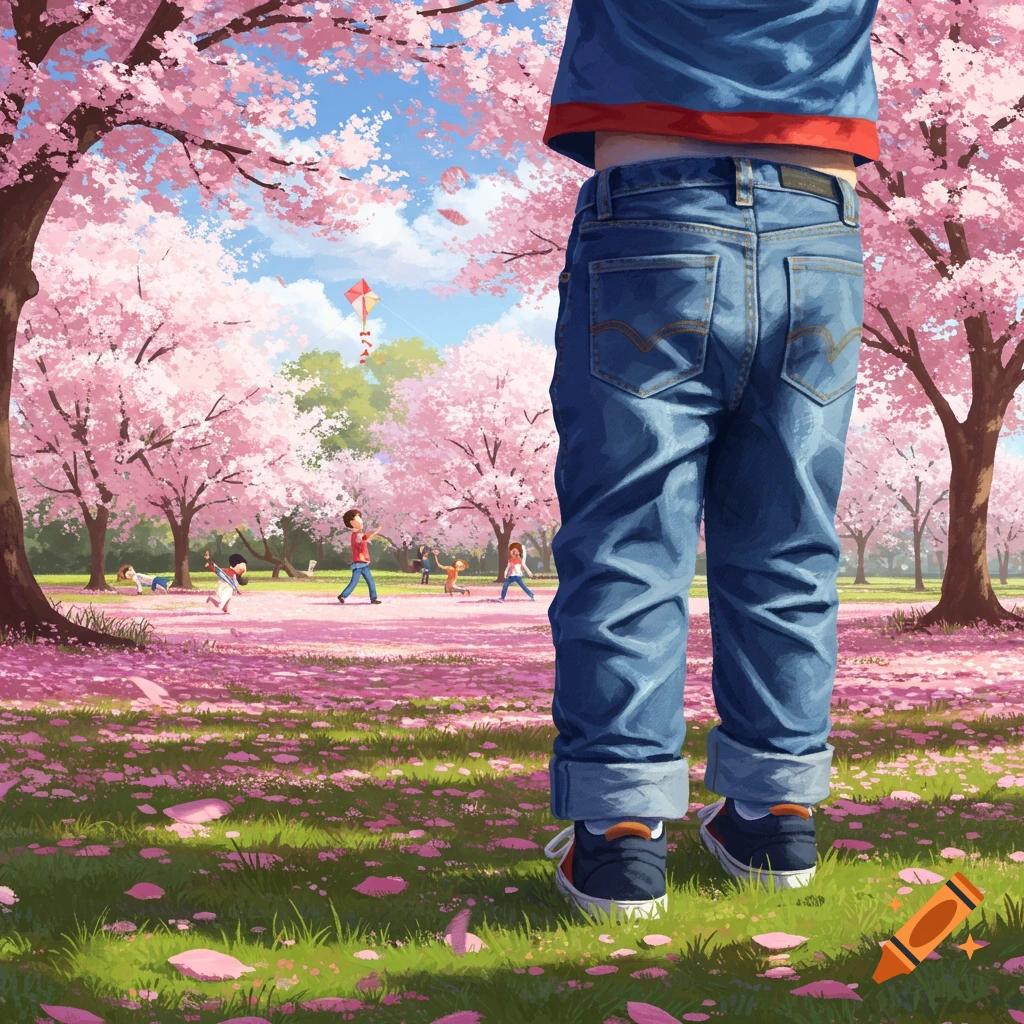 A boy in blue jeans stands in a vibrant cherry blossom park with pink petals on the ground and children playing. Illustration.