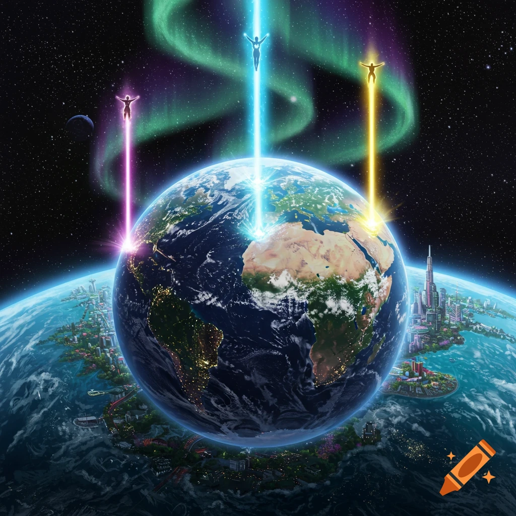 Digital art of Earth in space with three glowing figures above it, emitting pink, blue, and yellow energy beams onto continents with futuristic cities.