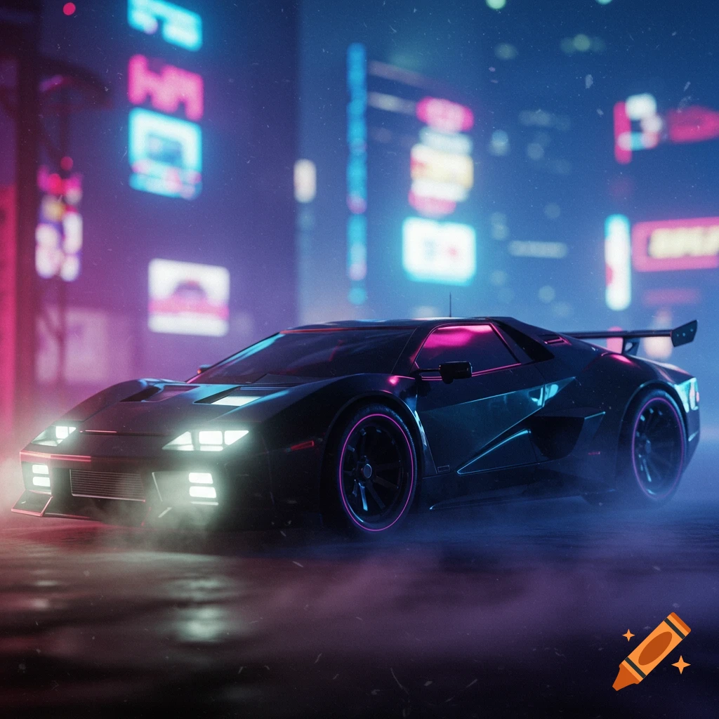 A sleek black futuristic sports car with glowing pink wheels and headlights on a dark, rainy cyberpunk street at night, surrounded by neon signs and mist.