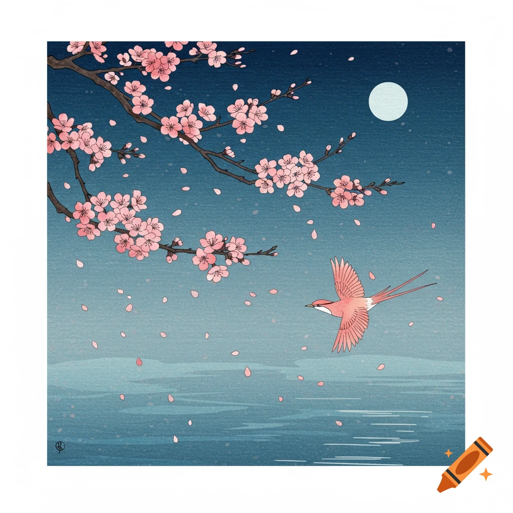 Stylized illustration of a pink bird flying over water with cherry blossoms and a moon in a blue sky.