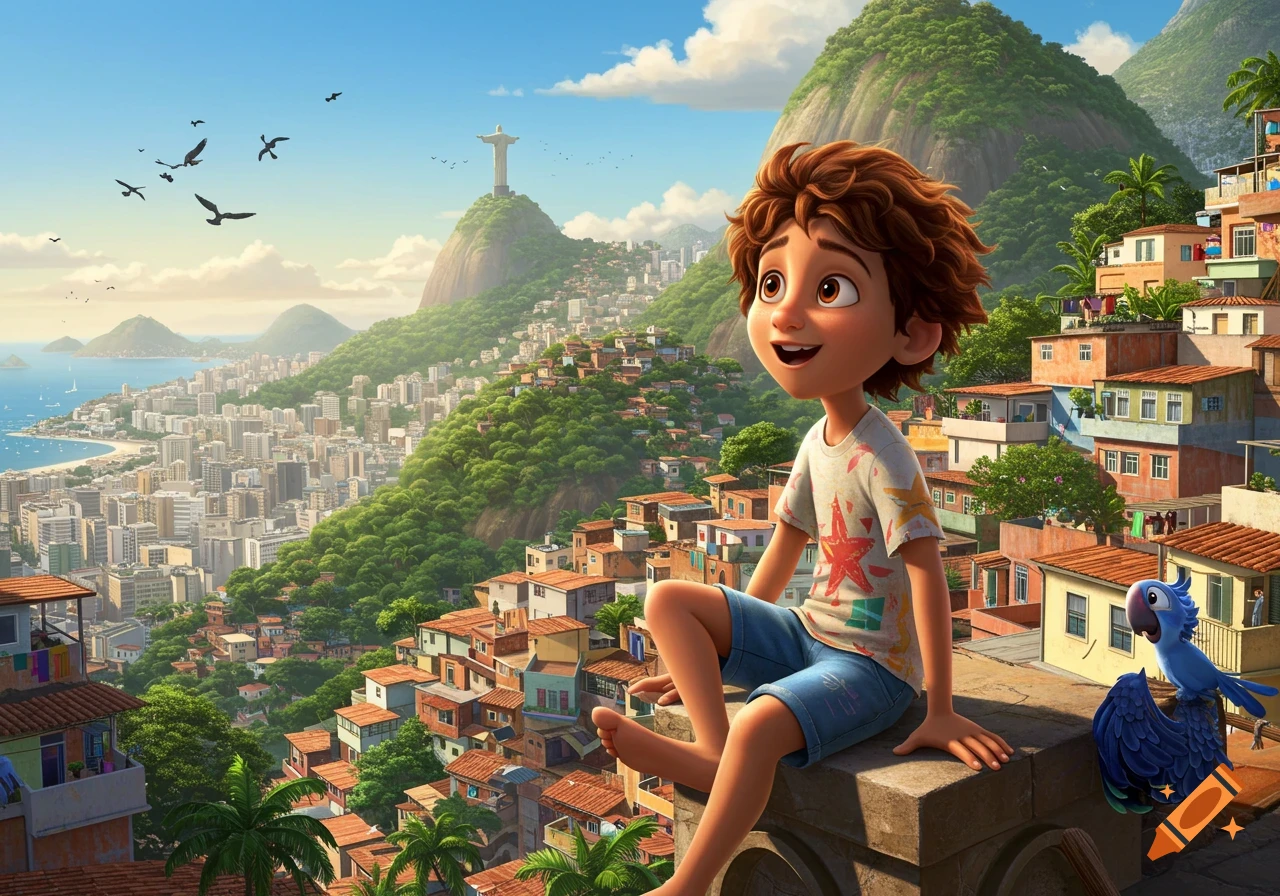 Animated boy and a blue parrot on a rooftop overlooking a vibrant Rio de Janeiro favela, city, mountains, and Christ the Redeemer statue.