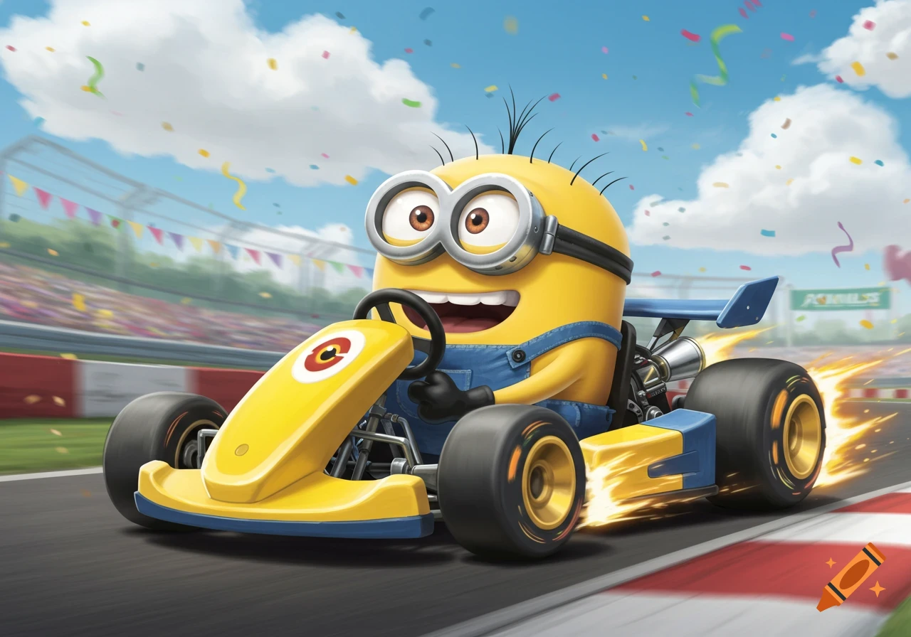 A happy Minion in blue overalls drives a yellow and blue go-kart on a race track, with confetti falling and speed effects.