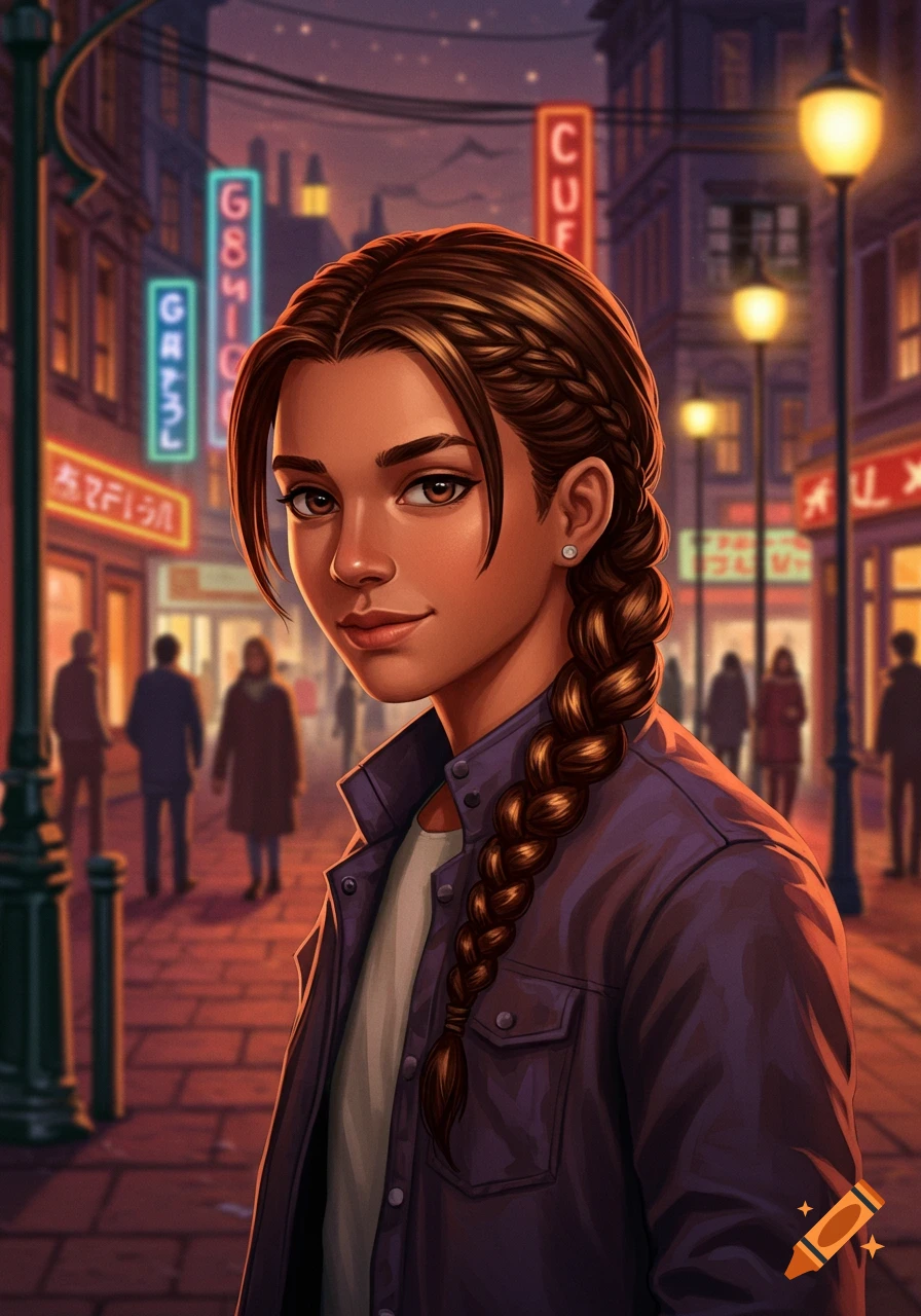 Digital art portrait of a young woman with a fishtail braid, wearing a purple jacket, smiling subtly in a vibrant neon-lit city street at night.