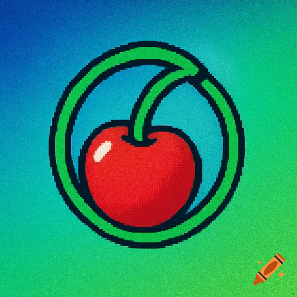 Pixel art logo of a red cherry with a green stem forming a circular border, on a blue and green gradient background.
