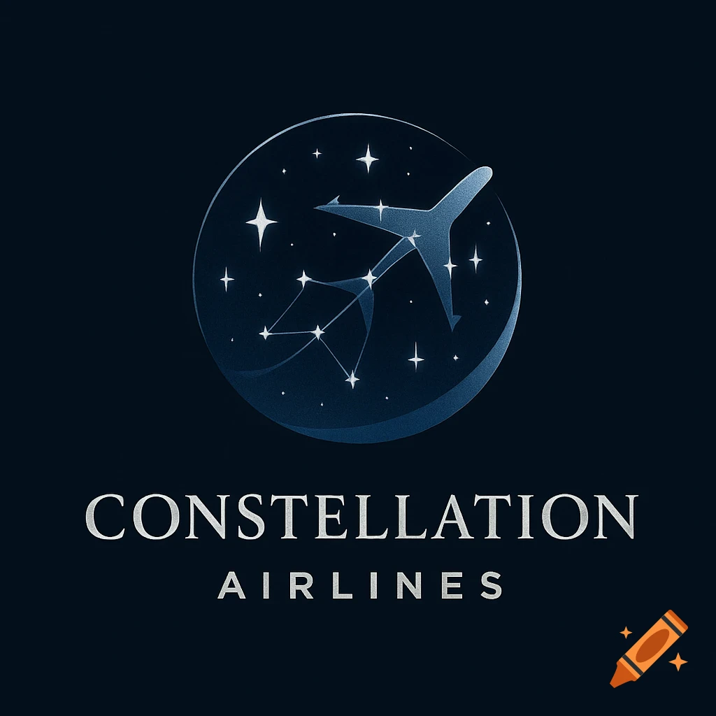 Logo for Constellation Airlines, featuring a blue airplane flying through a dark, starry night sky with constellations inside a circular emblem.