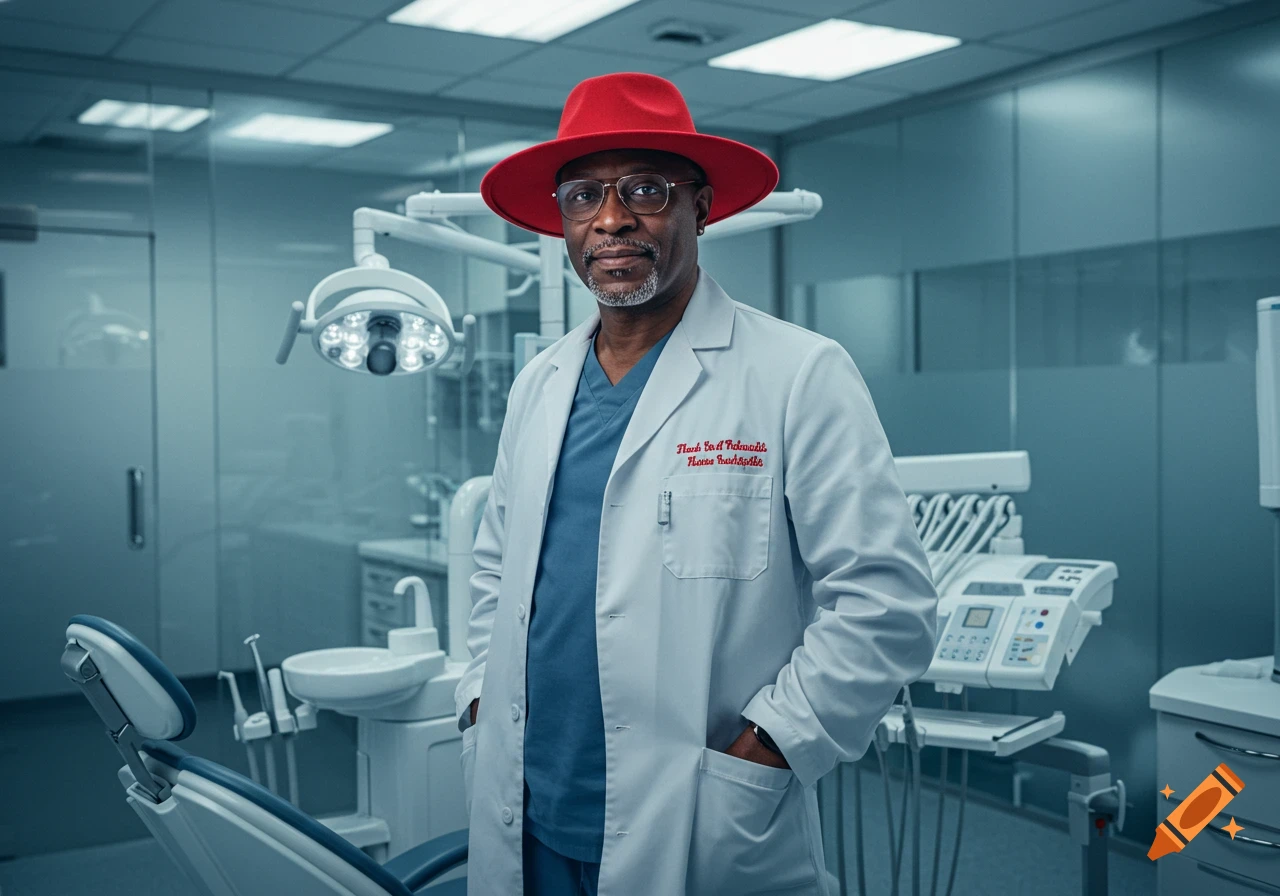 Photorealistic portrait of a male dentist in a lab coat and a red hat, standing in a modern dental office.