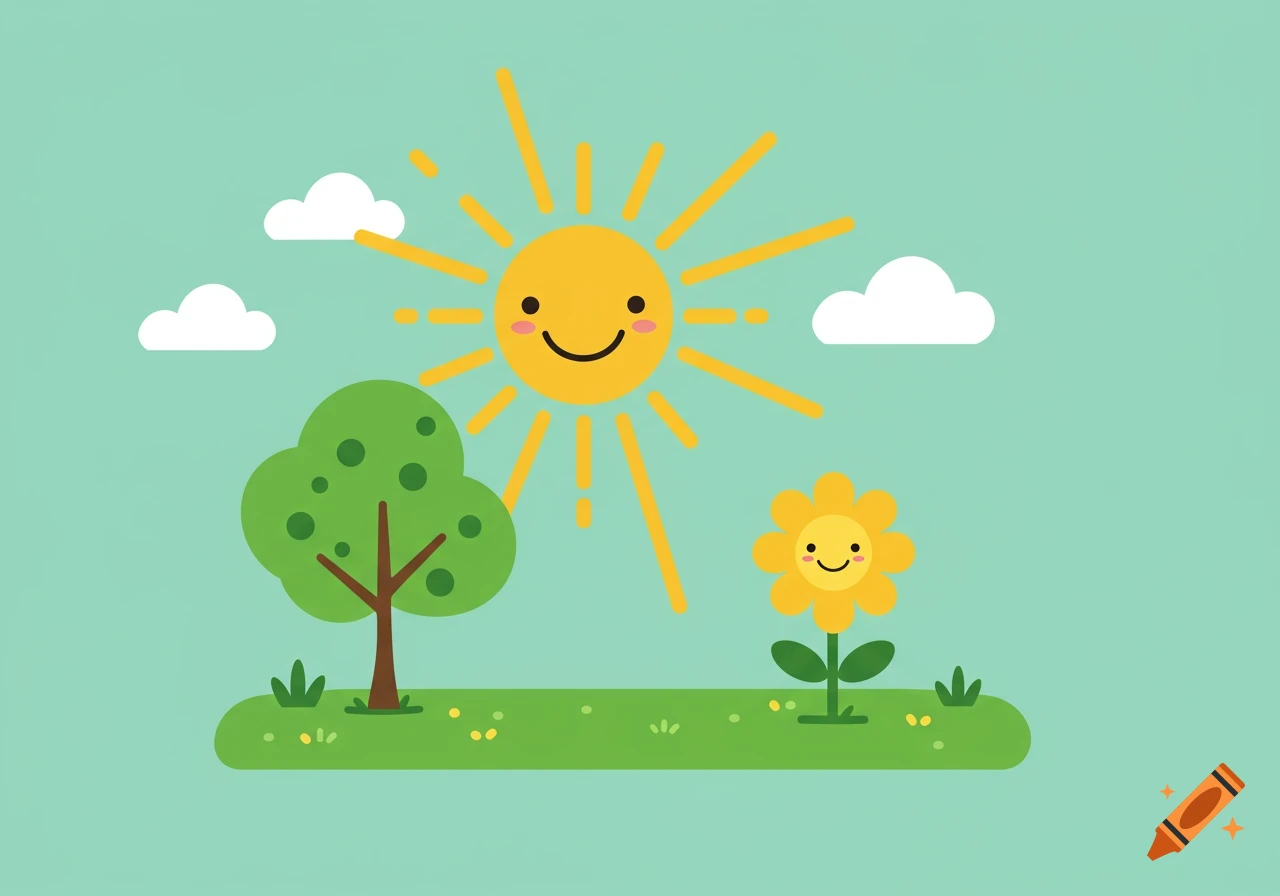 A bright, flat illustration of a smiling sun, clouds, a green tree, and a smiling yellow flower on a field.