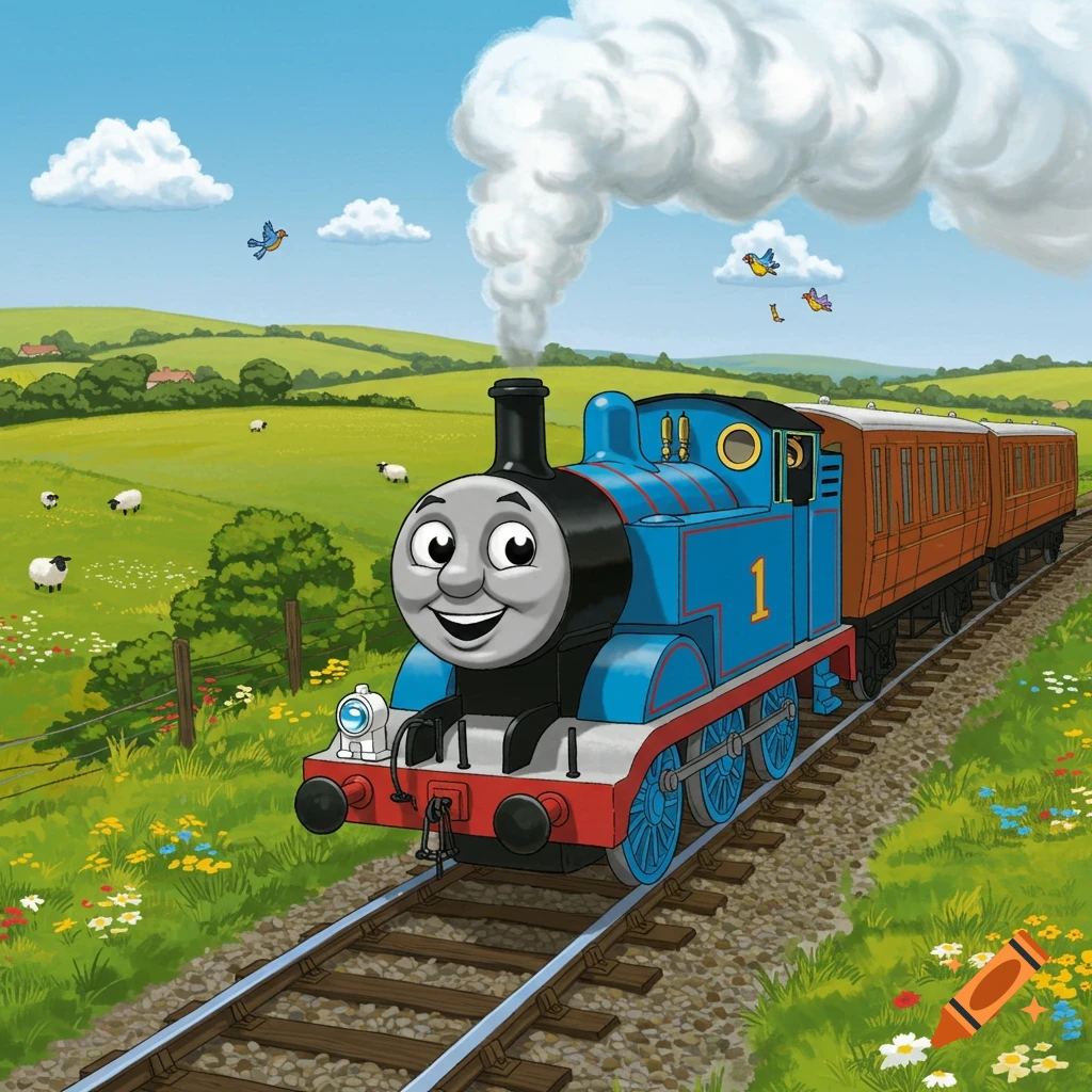 Thomas the Tank Engine smiling, pulling passenger cars through a green, hilly countryside with sheep and birds.