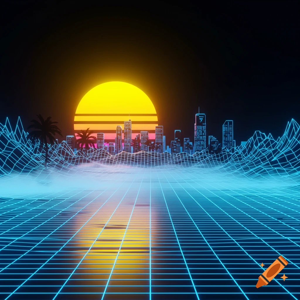 Retro synthwave digital art featuring a neon blue grid plane leading to a stylized cityscape, palm trees, and a large striped yellow-orange sunset.