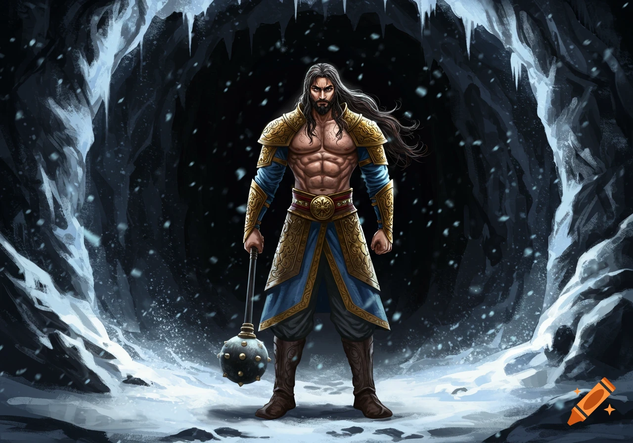 A muscular fantasy warrior with long hair stands in a snowy cave, holding a mace, in a dramatic manga style.