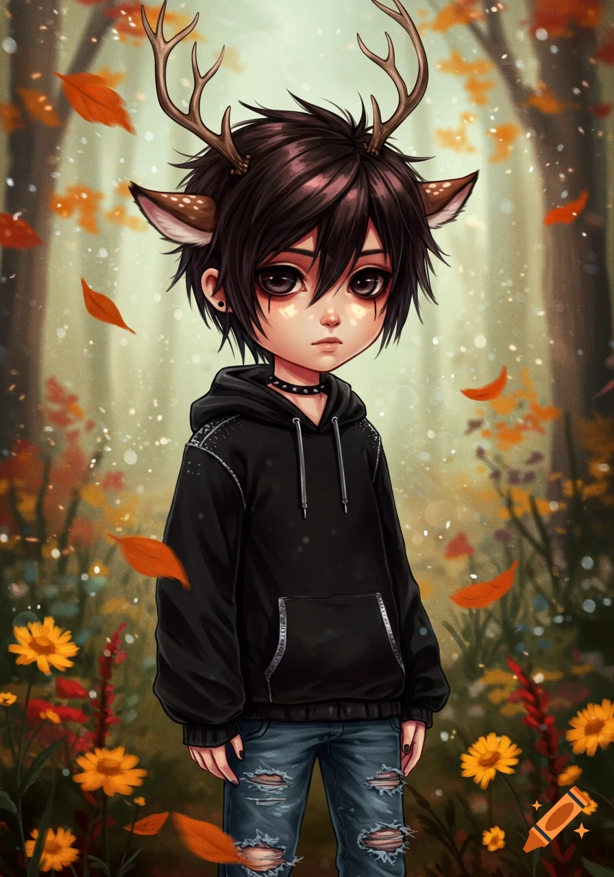 An emo anime boy with deer horns and ears in a black hoodie and ripped jeans, standing in a vibrant autumn forest.