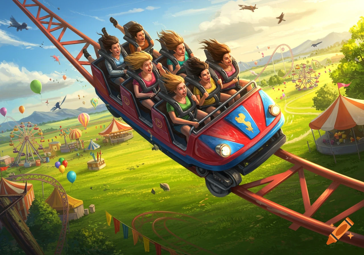 Illustration of people screaming on a red roller coaster above a green amusement park with a Ferris wheel and tents.