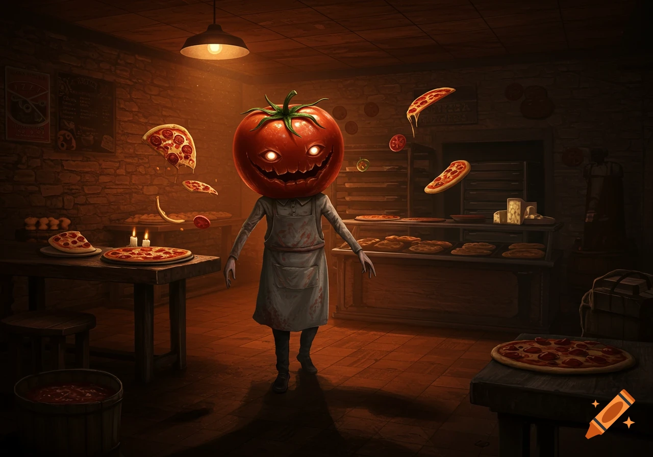 A scary, glowing-eyed tomato-headed person wearing a bloody apron stands in a dimly lit pizza shop, with pizzas floating around.