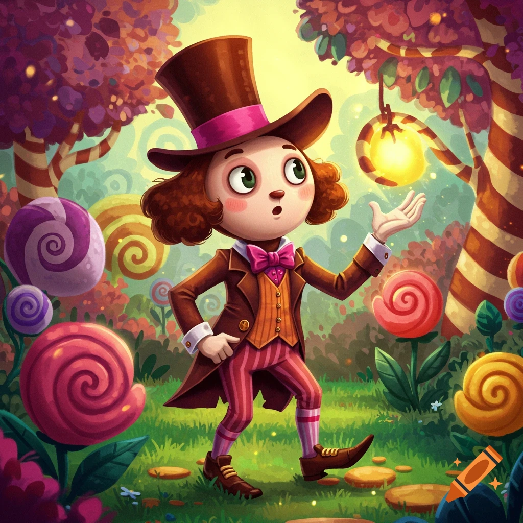 Whimsical cartoon character resembling a dandy in a top hat, standing in a vibrant fantasy candy land with lollipops and candy trees.
