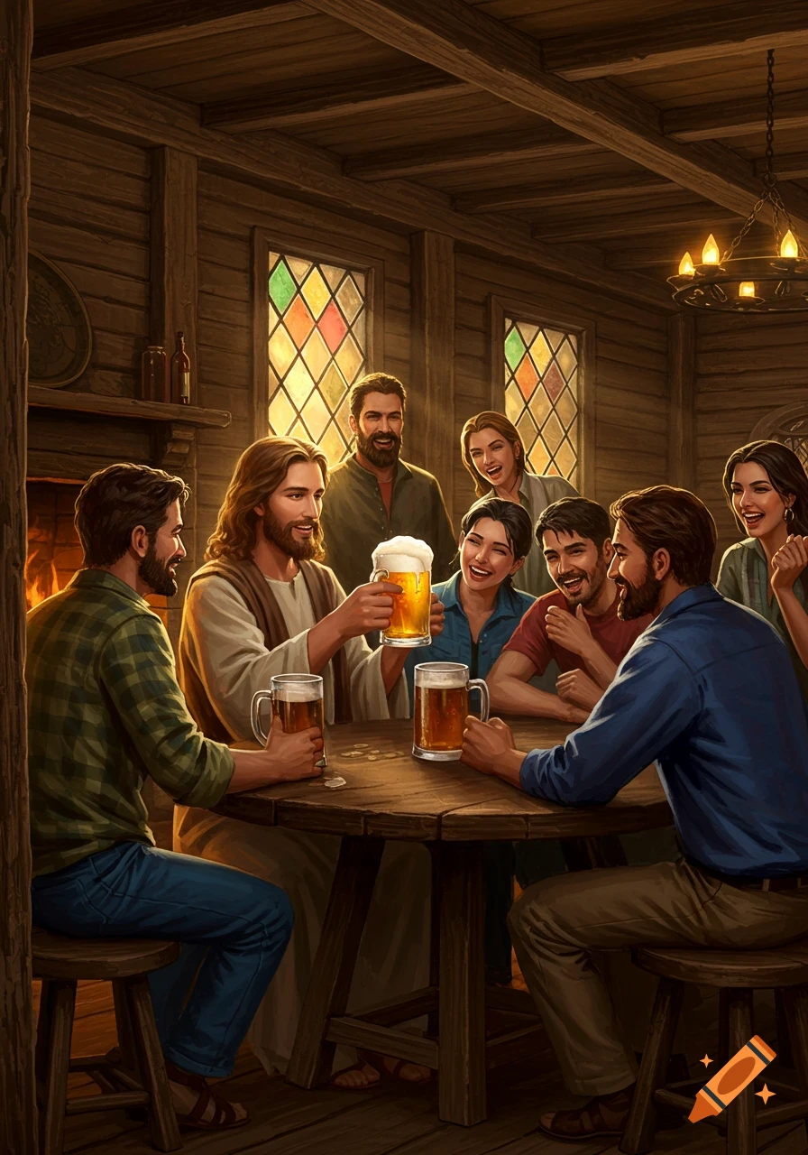 An illustration of Jesus sharing a beer with friends at a wooden table in a rustic pub with warm lighting.