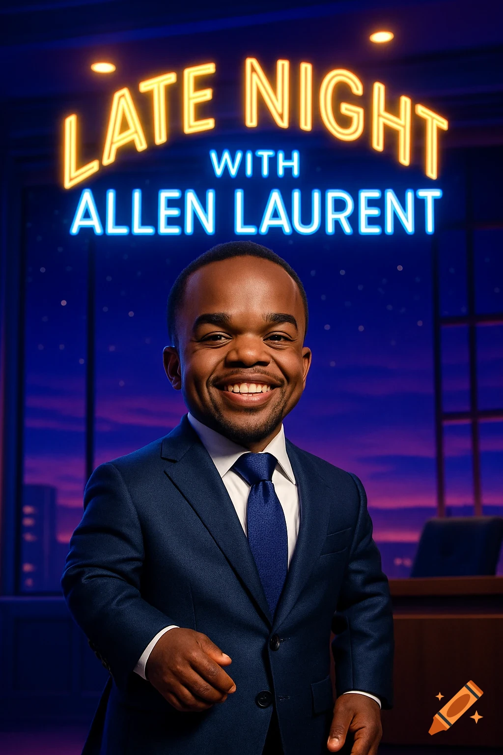 A Black little person talk show host smiles in a suit in front of a late-night set with a neon sign reading "Late Night with Allen Laurent".