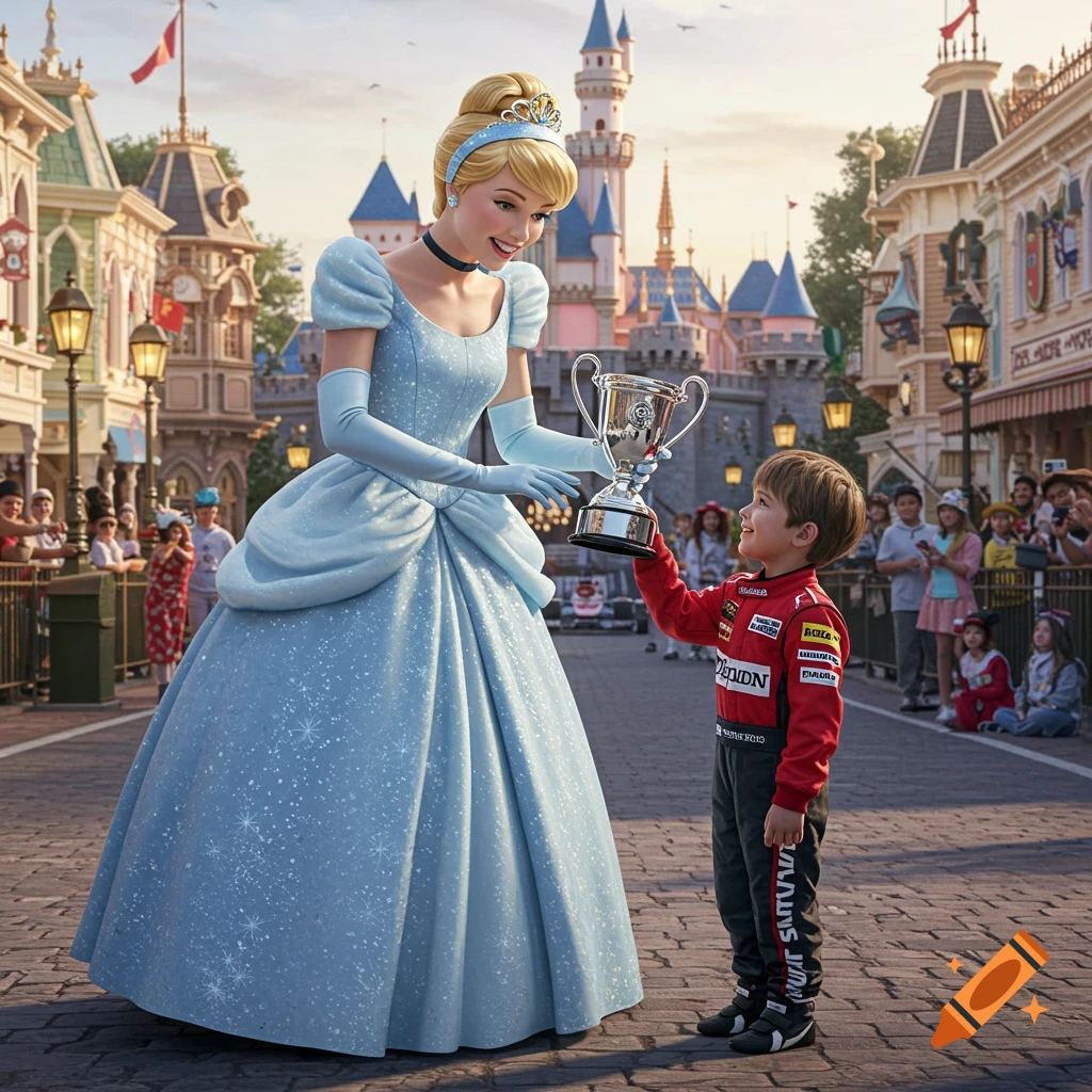 Photorealistic image of Cinderella in a blue gown handing a trophy to a small boy in a red racing suit on Main Street USA at Disneyland.