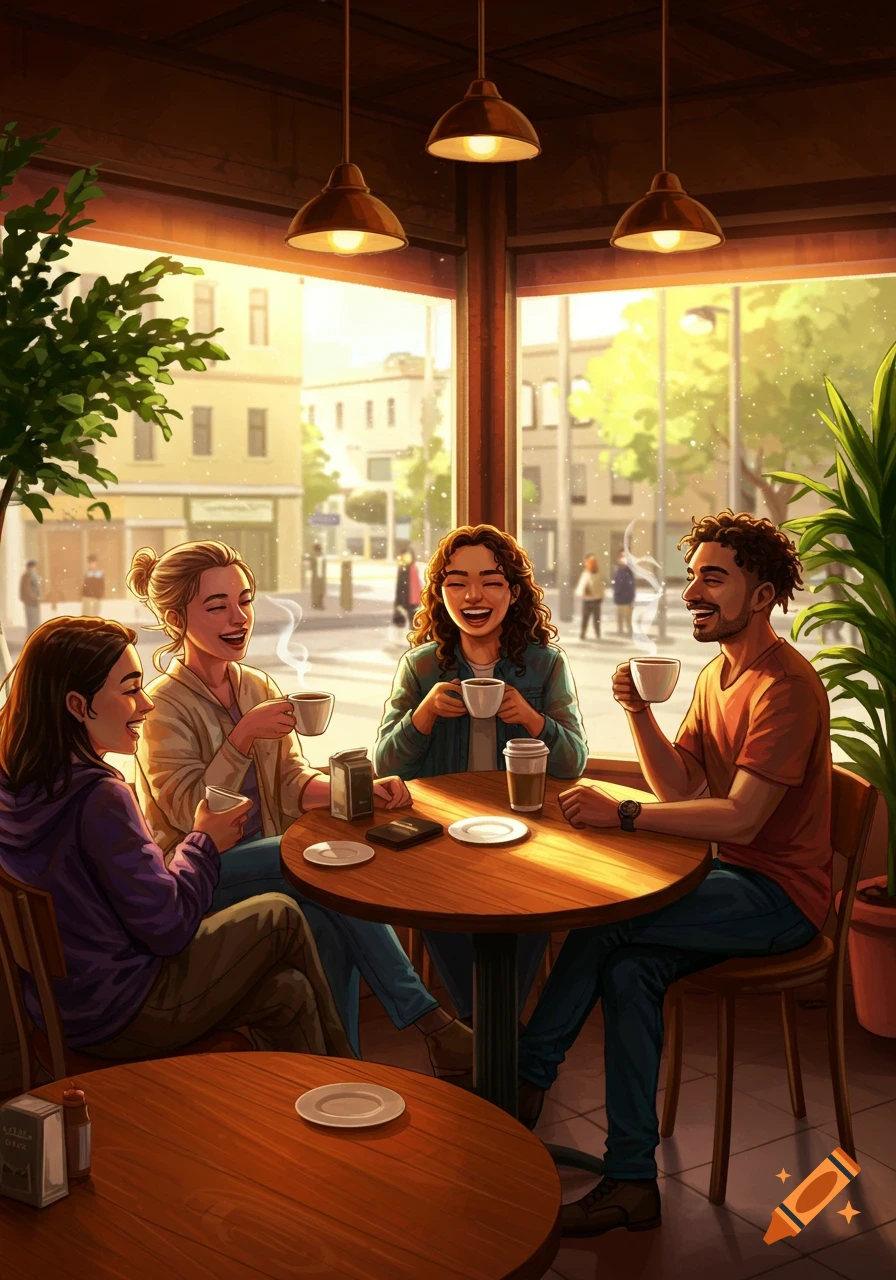 Four diverse friends laugh and drink coffee in a sunny cafe, digital illustration.