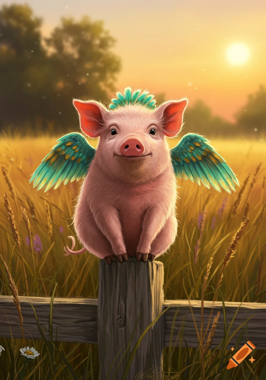 A happy pink winged pig with a green mohawk sits on a wooden fence post in a sunny field at sunset, illustration.