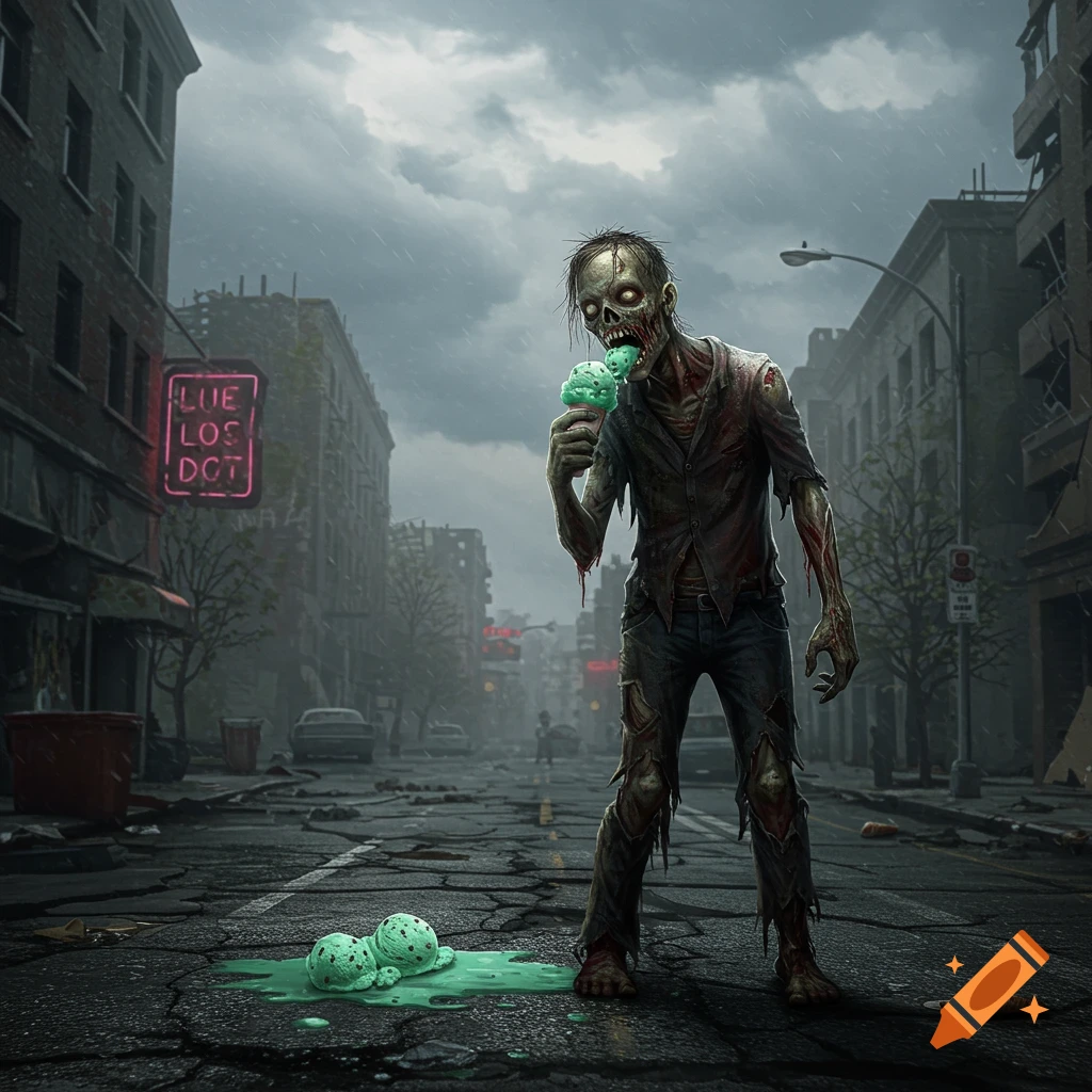 A decayed zombie in a desolate, post-apocalyptic city street eats a scoop of bright green ice cream. Other scoops melt on the cracked asphalt.