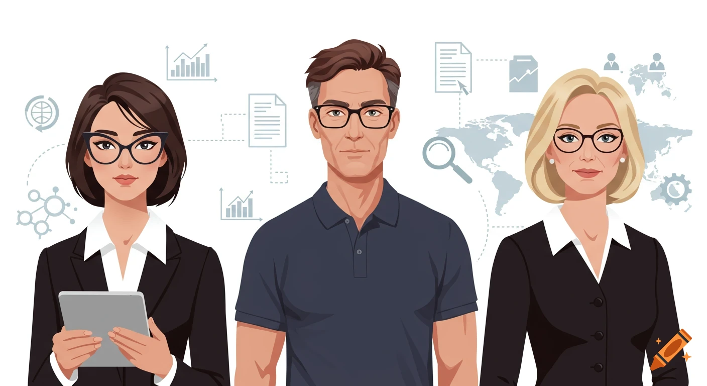 Flat style digital illustration of three diverse business professionals with glasses, surrounded by data analysis icons.