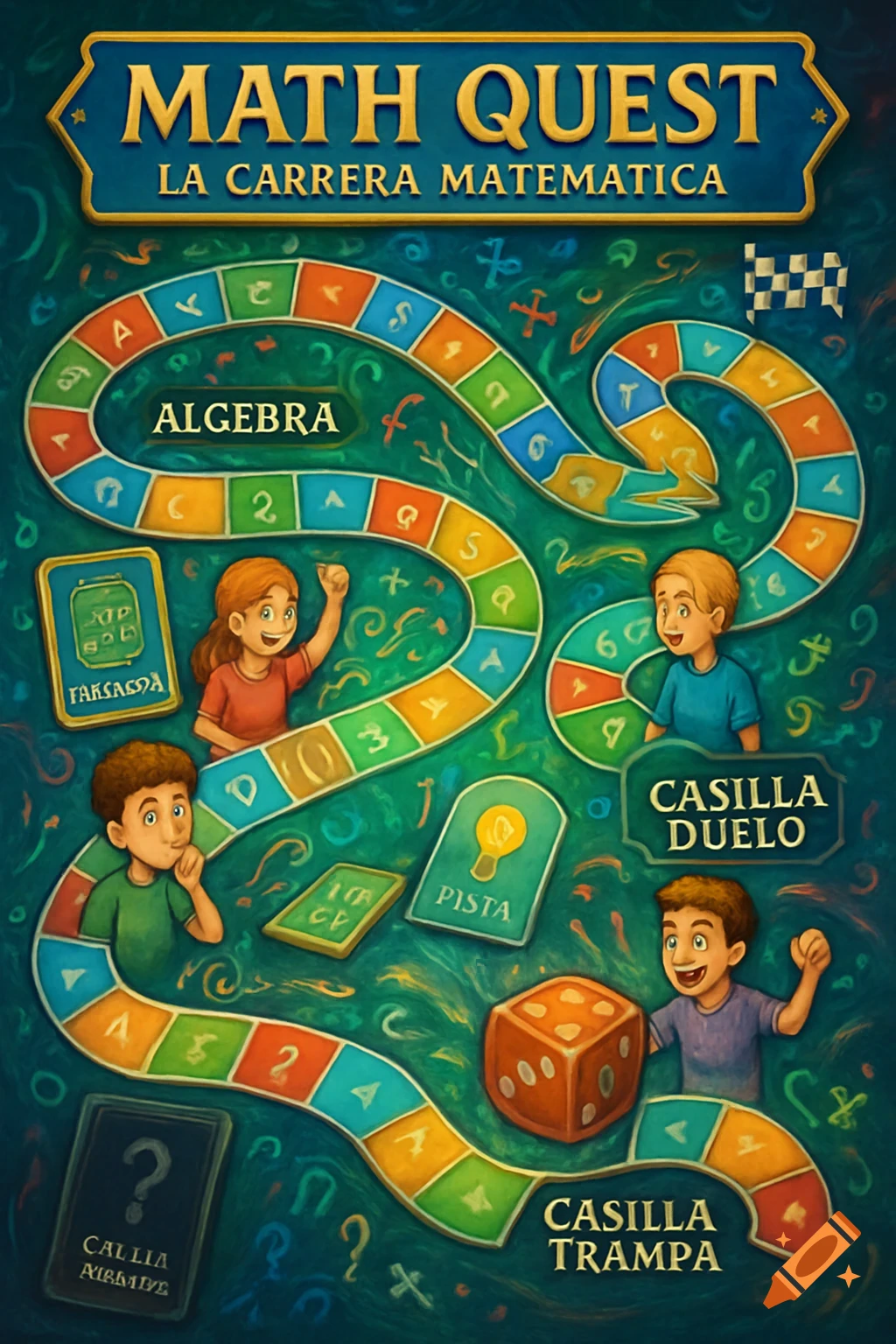 Colorful board game titled "Math Quest" with a winding path, dice, and cartoon children playing. The board features various math challenges and special squares.