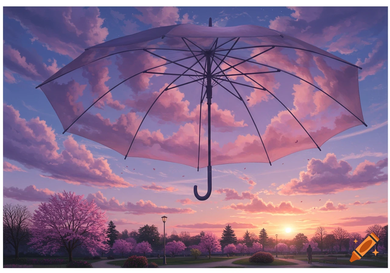 Anime-style landscape featuring a large transparent umbrella suspended above a park, reflecting a vibrant pink and purple sunset sky with fluffy clouds and cherry blossom trees.
