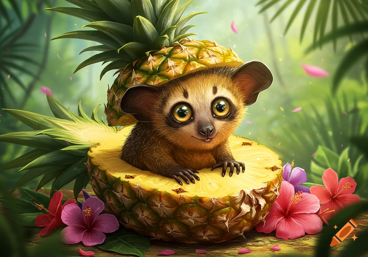 A cute, big-eyed aye-aye rests inside a halved pineapple with tropical flowers in a lush jungle.