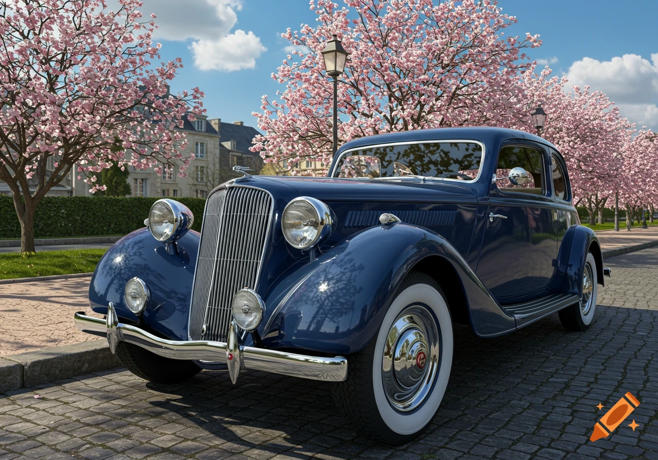 A photorealistic image of a dark blue vintage car parked on a cobblestone street lined with pink cherry blossom trees.