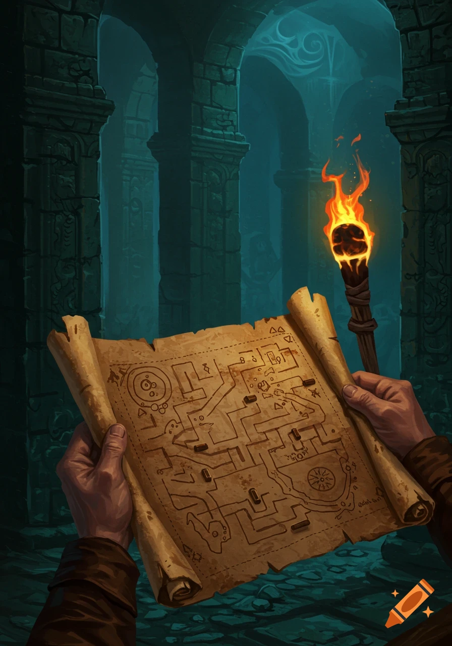 Hands hold an old treasure map of a maze in a dark, stone labyrinth, lit by a torch. Fantasy art.