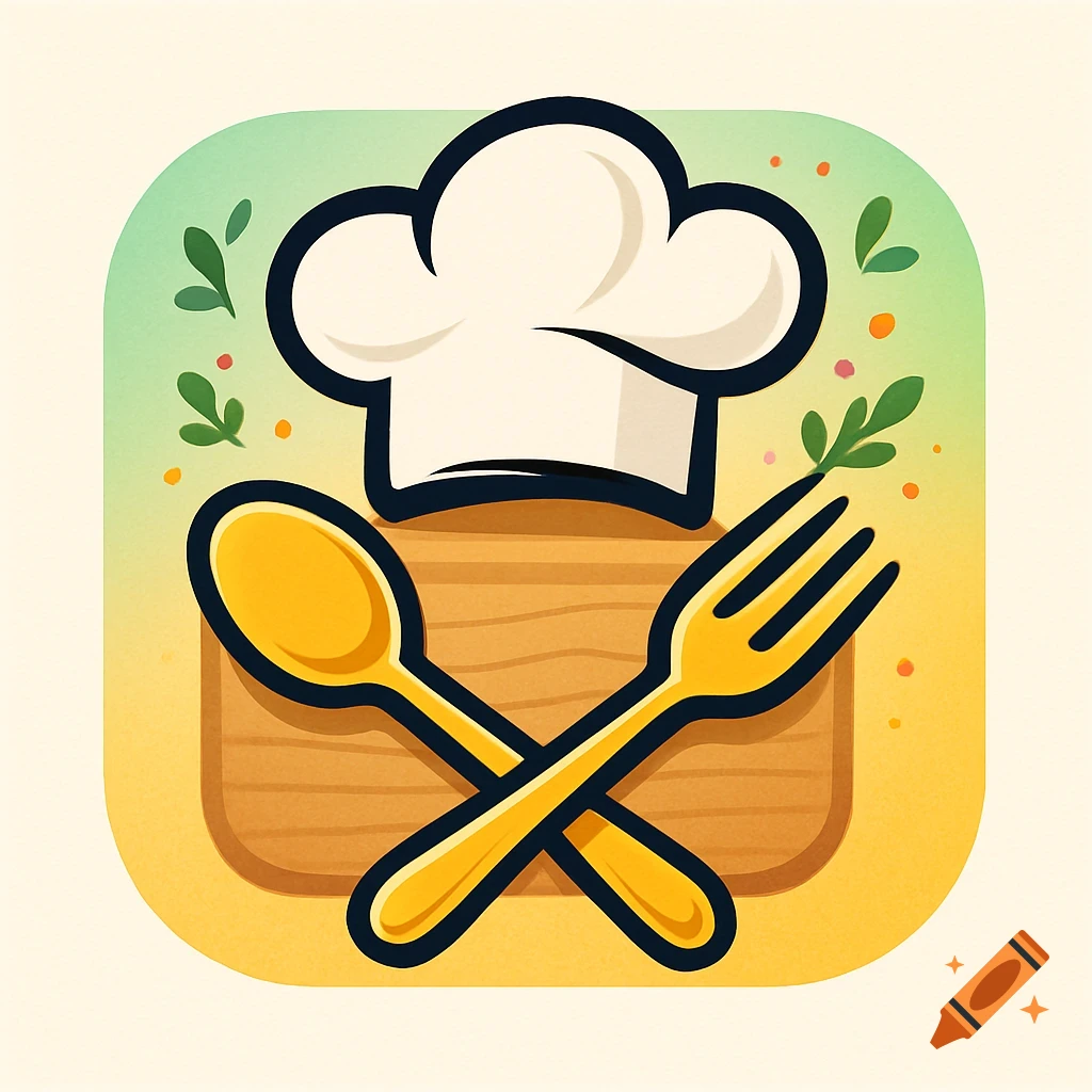 Cartoon logo for a cooking app featuring a chef's hat above a crossed spoon and fork on a wooden board with green leaves.