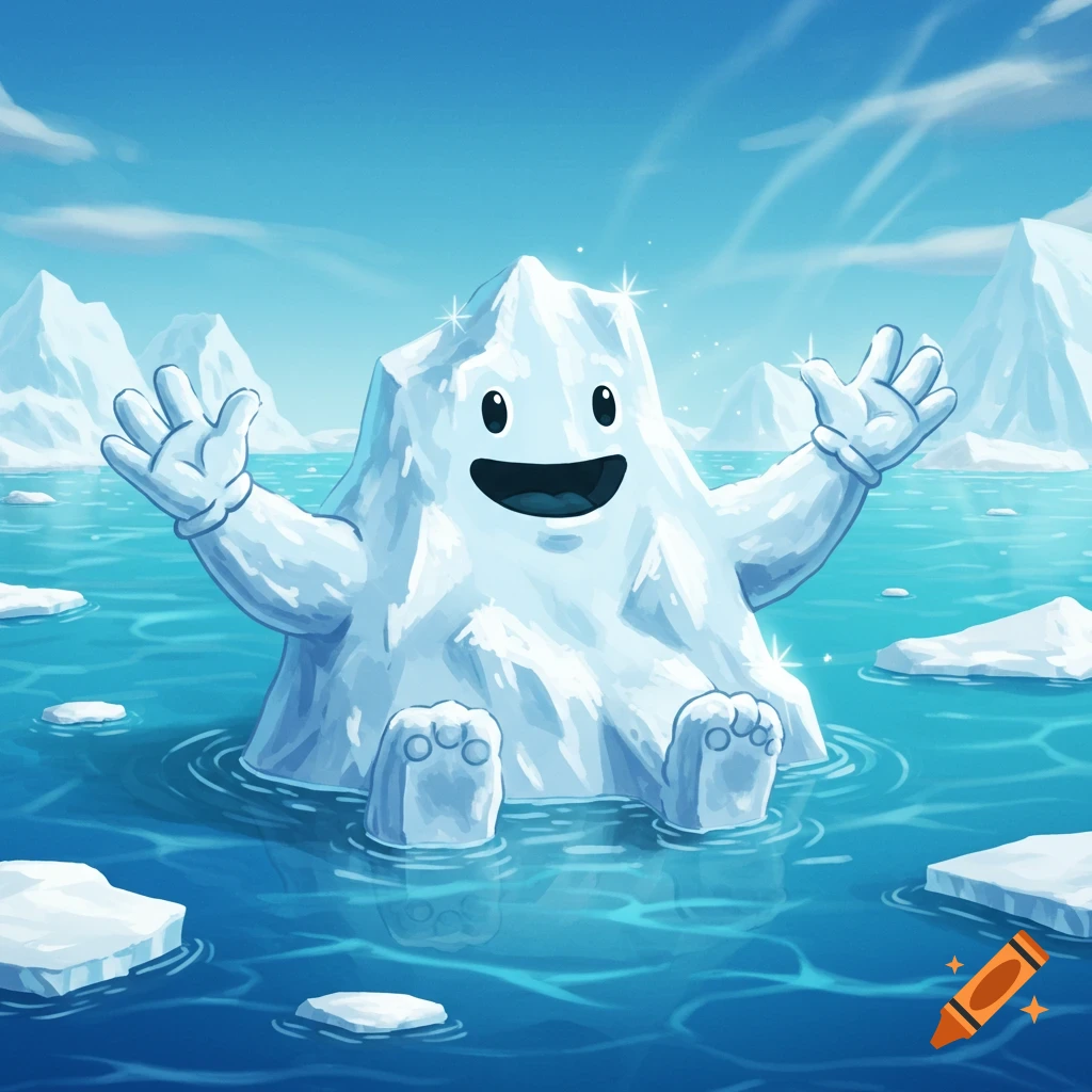 A friendly, smiling cartoon iceberg with hands and feet floats in a vibrant blue ocean, with other icebergs and mountains in the background.