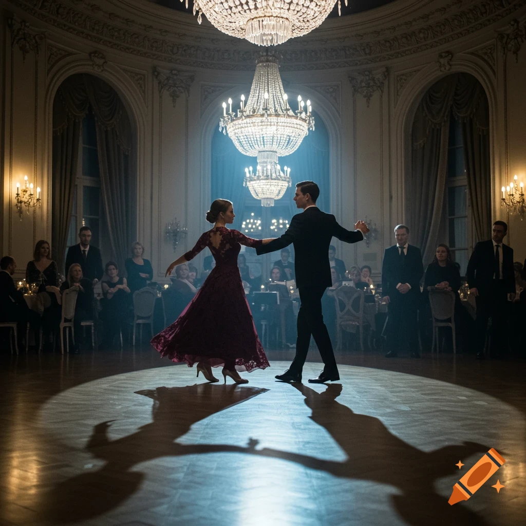 A man and woman ballroom dancing in a spotlight in a grand, chandelier-lit hall, with guests seated in the background.