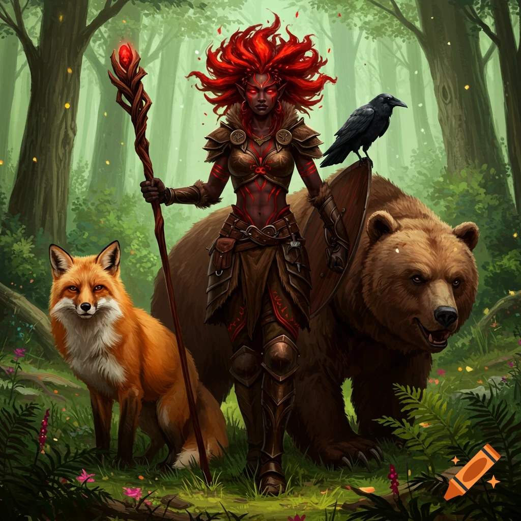 A dark-skinned female warrior with fiery red hair and eyes stands in a forest with a fox, raven, and bear, holding a staff.