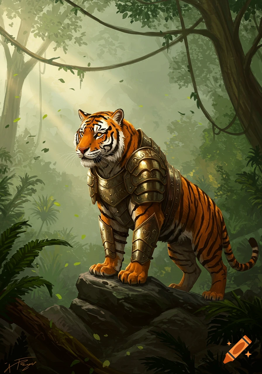 A majestic tiger in golden armor stands on a rock in a lush, sun-dappled jungle.