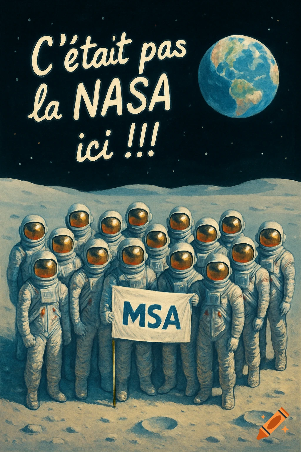 Illustrated retro poster of a group of astronauts on the moon holding an 'MSA' flag, with 'C'était pas la NASA ici !!!' text and Earth in the background.