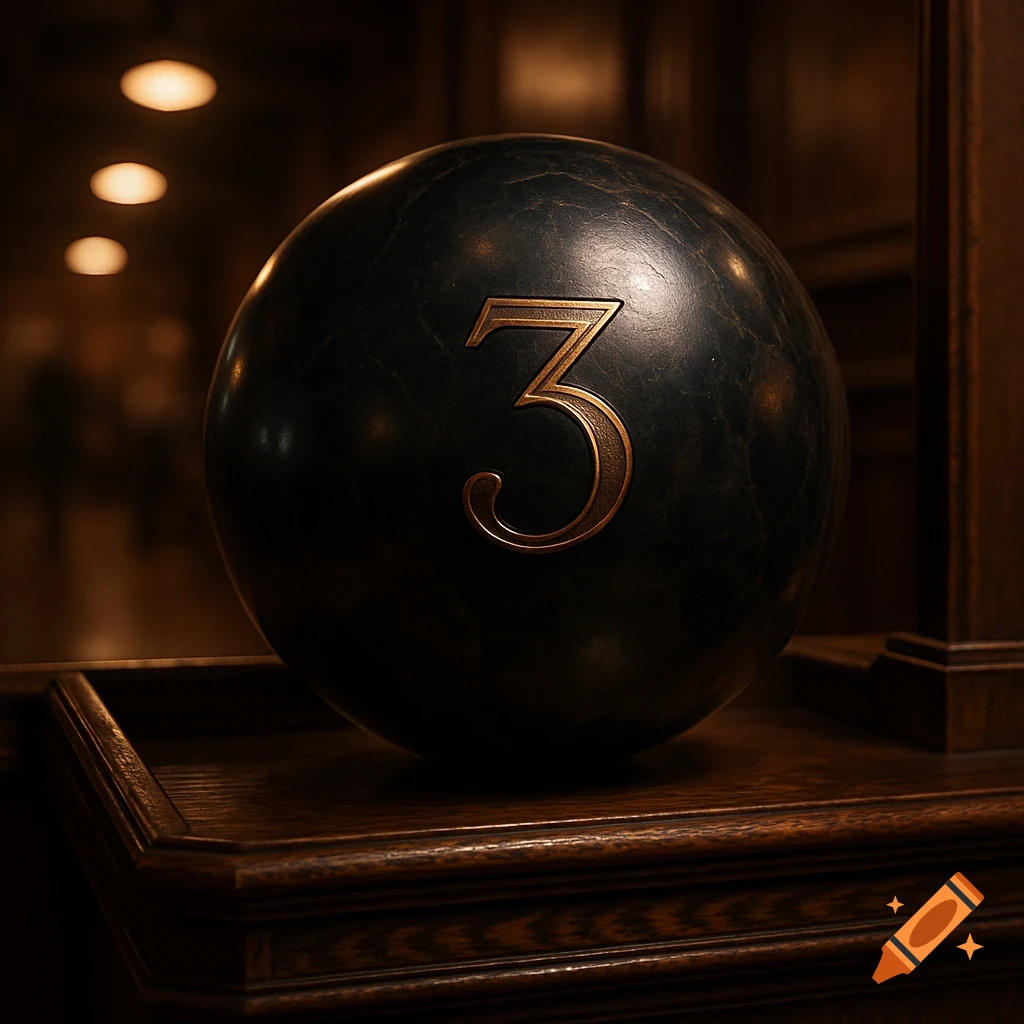 A dark, textured bowling ball with a golden number 3 engraved on it, resting on a polished wooden surface in soft, warm lighting.