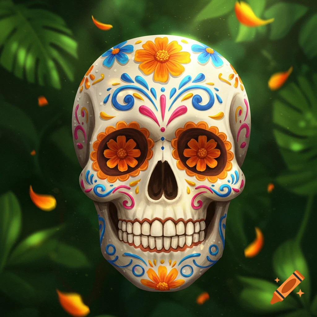 A vibrantly decorated sugar skull with orange and blue flowers, surrounded by dark green jungle leaves and falling orange petals.