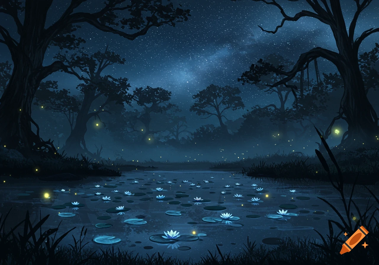 Dark fantasy illustration of a mysterious forest at night with a lake, glowing lily pads, fireflies, and a starry sky.