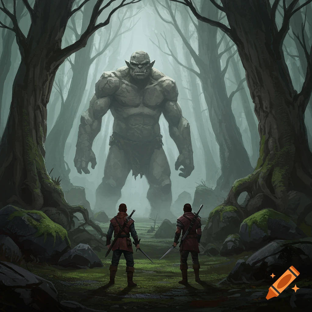 Two adventurers with swords face a giant, muscular ogre in a misty, dark forest. The scene has a fantasy art style.