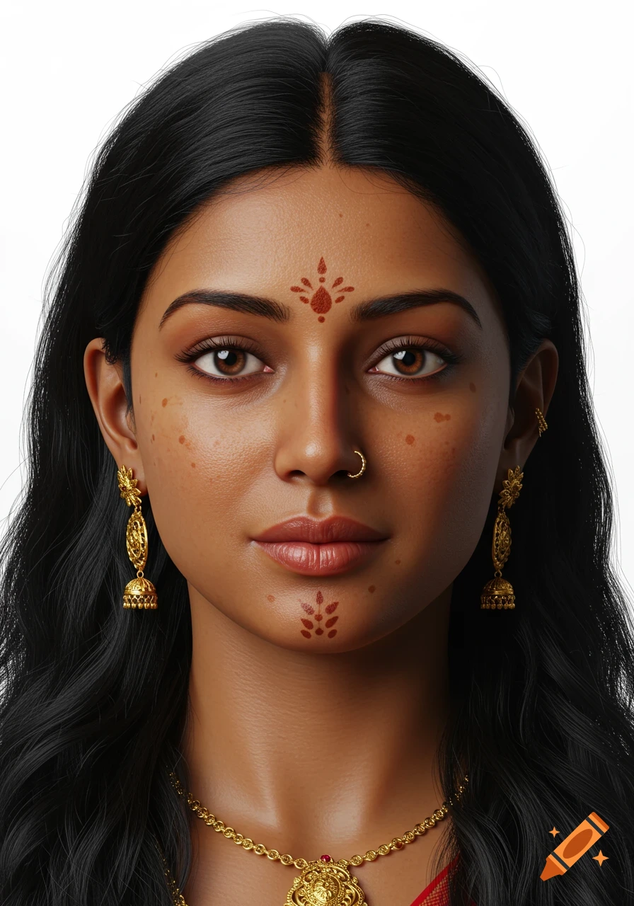 Close-up photorealistic portrait of an Indian woman with dark hair, a bindi, a nose ring, and intricate gold jewelry against a white background.