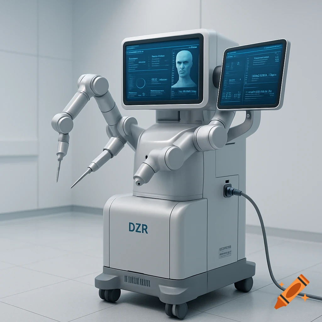 A sleek, grey, futuristic medical robot with two screens displaying data and a human avatar, and two robotic arms with surgical tools, standing in a clean, white room.