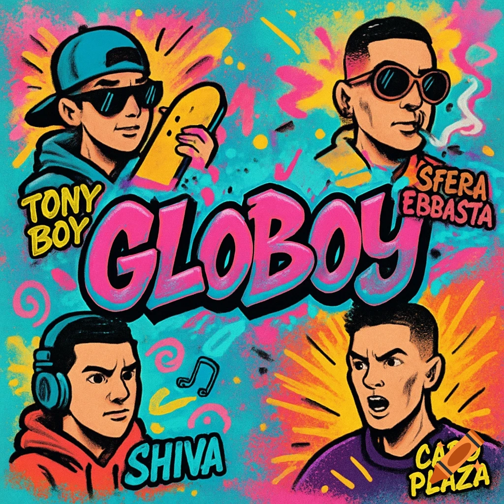 Colorful pop art illustration in graffiti style with four cartoon male characters and names surrounding the text 'GLOBOY'