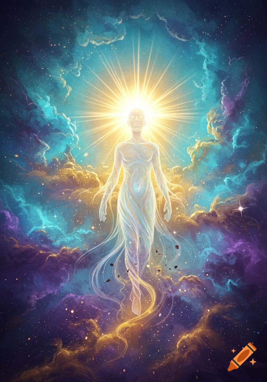 Ethereal glowing figure radiating light in a vibrant cosmic sky with colorful clouds and stars.