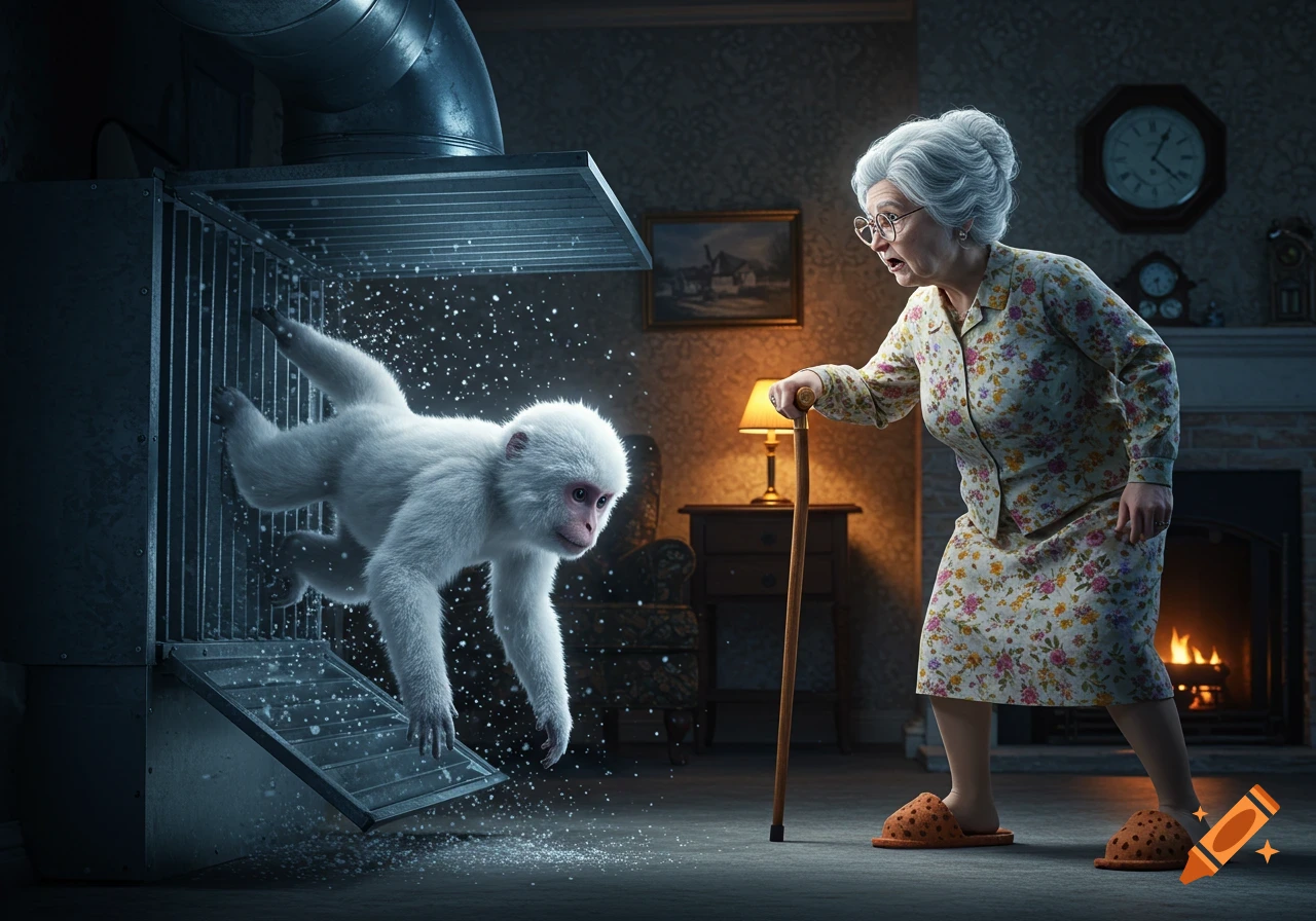 A surprised elderly woman watches as a white snow monkey falls from a vent, scattering particles, in a dim, photorealistic living room.