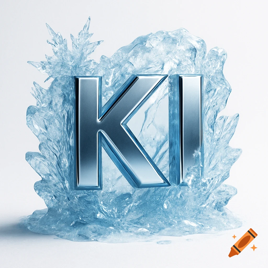 A metallic silver 'KI' logo surrounded by jagged, sparkling blue ice on a white background.