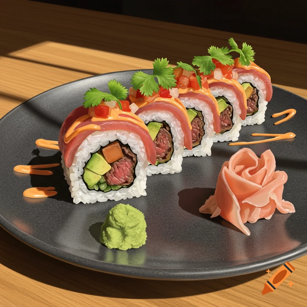 Stylized digital painting of five sushi rolls with meat, avocado, and salsa on a black plate with wasabi and pickled ginger.