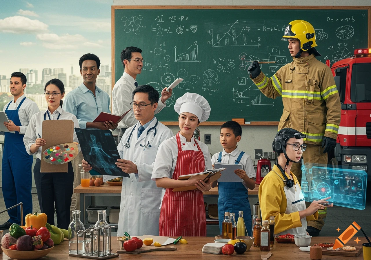 Diverse professionals including a firefighter, doctor, chef, and artist, standing in a classroom with a city view, in a photorealistic style.